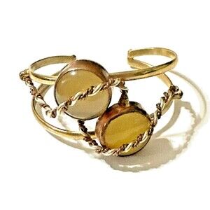 Vintage Indian Faux Amber Cuff Bracelet Brass Bronze Twist Accent India 8"